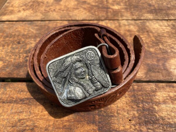 product details: NATIVE AMERICAN CHIEF BELT BUCKLE WITH FLORAL EMBOSSED GENUINE MEXICAN LEATHER STRAP photo