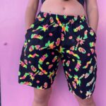 AMAZING DEADSTOCK 1980S DAYGLO NEON BEACH PRINT SHORTS WITH STRETCH WAIST