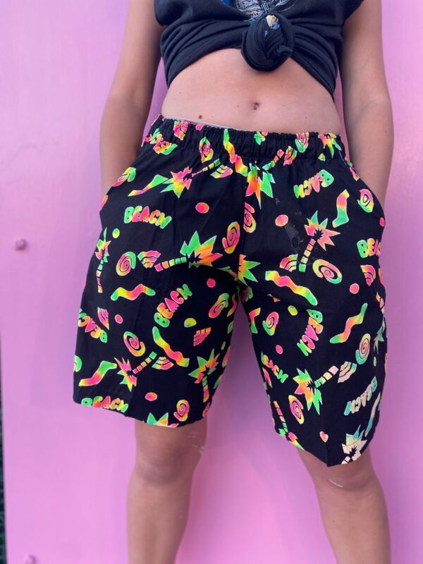 product details: AMAZING DEADSTOCK 1980S DAYGLO NEON BEACH PRINT SHORTS WITH STRETCH WAIST photo