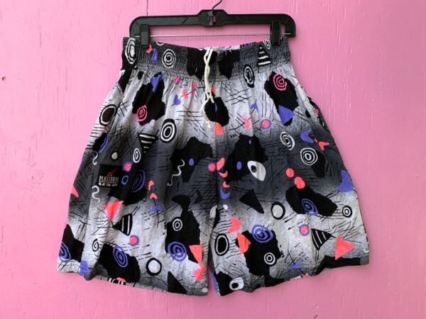 product details: DEADSTOCK NWT 1990S ABSTRACT SPIRALS TRIANGLES LINES SPOTTED SHORTS W/ POCKETS photo