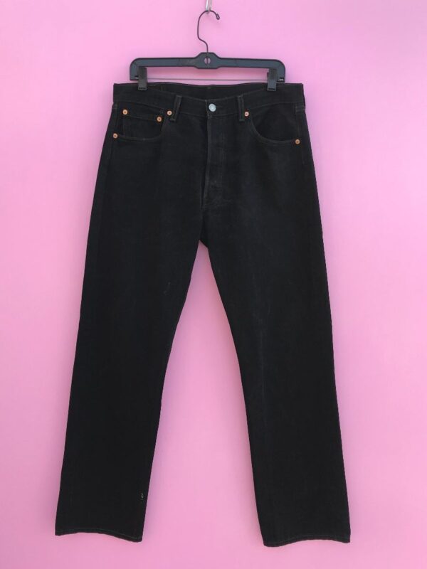 product details: PERFECT VINTAGE ORIGINAL LEVIS 501 BLACK DENIM SPLIT LEG BUTTON FLY JEANS CONTRAST STITCH photo