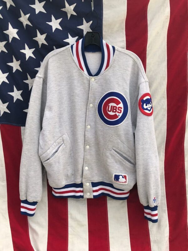 product details: AWESOME MLB CHICAGO CUBS FULL SNAP COTTON JACKET FRONT AND SLEEVE LOGOS STRIPED CUFFS & COLLAR photo