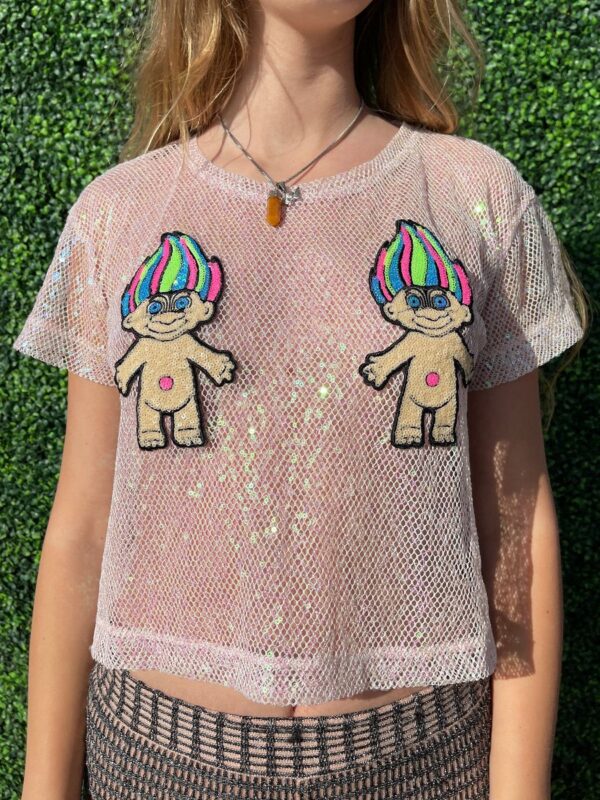 product details: SHORT SLEEVE MESH SEQUIN TROLL TOP photo