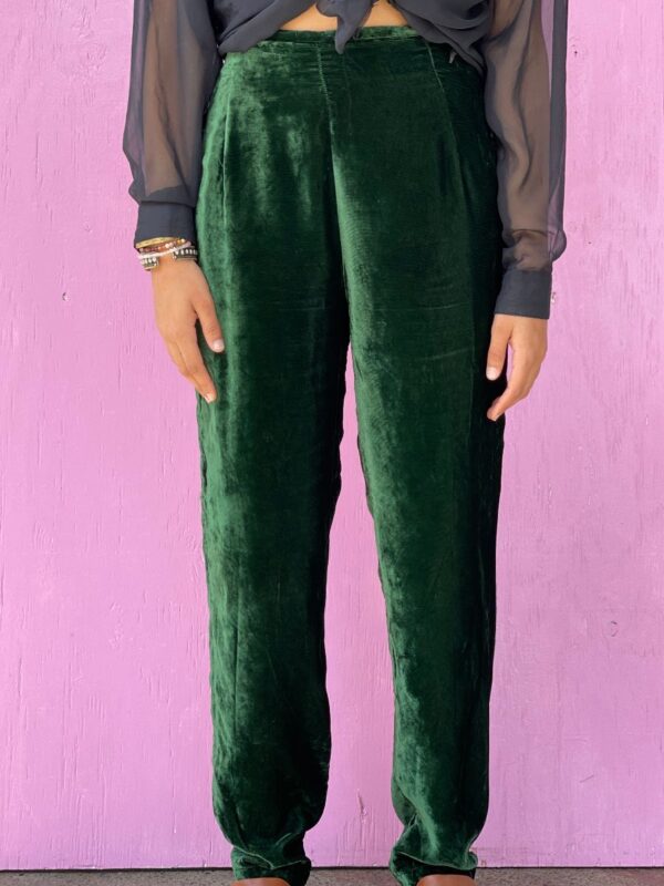 product details: 1990S SOLID CRUSHED VELVET HIGH WAIST PANTS W/ BACK ZIP CLOSURE photo