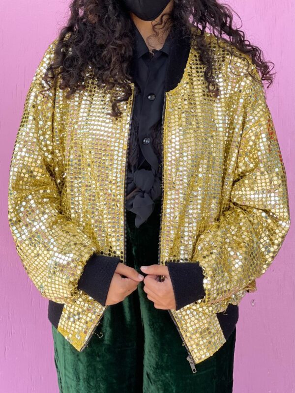 product details: AS IS - ALL OVER METALLIC SEQUIN LIGHTWEIGHT ZIP-UP BOMBER JACKET photo