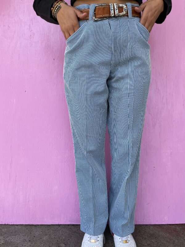 product details: PINSTRIPED STRAIGHT LEG TROUSERS W/ HOOK EYE ZIP CLOSURE photo