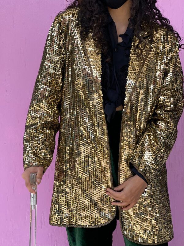 product details: 100% PURE SILK LONG CUT ALL OVER METALLIC GOLD SEQUIN BLAZER JACKET photo