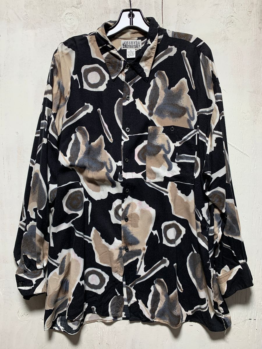 1990s Oversized Abstract Geometric Print Long Sleeve Button-up Shirt ...