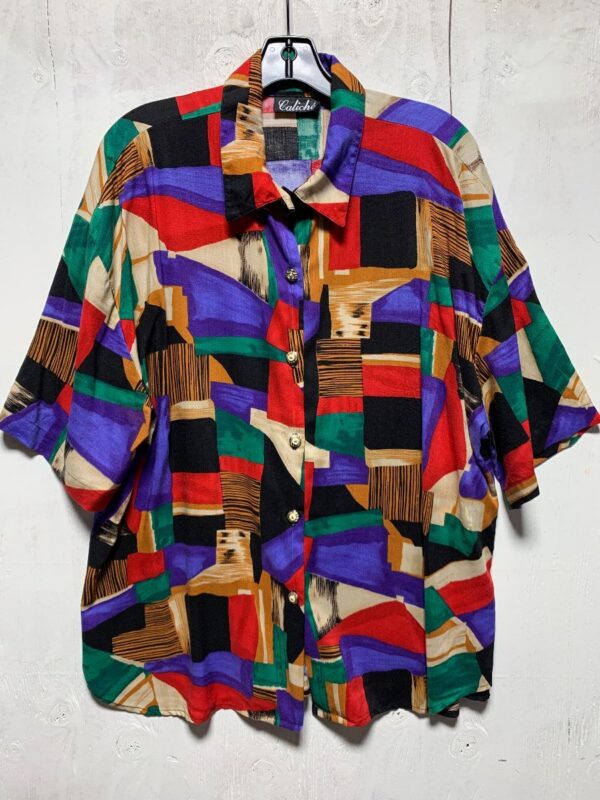 product details: FUNKY GEOMETRIC PRINT SHORT-SLEEVE RAYON BUTTON-UP SHIRT photo
