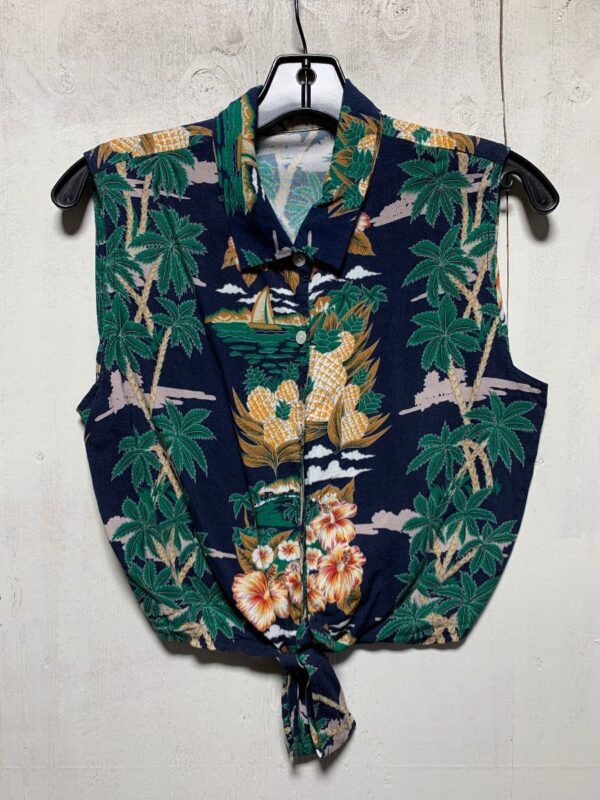 product details: TROPICAL PALM AND HIBISCUS FLOWER WAIST-TIE BUTTON-UP TOP photo