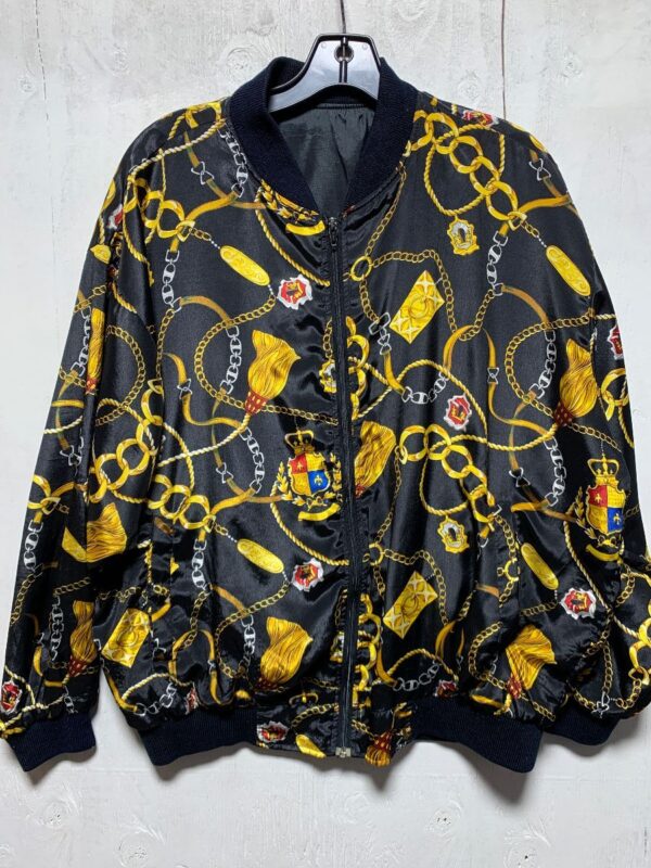 product details: FUN ALLOVER CHAIN AND TASSEL PRINT SATIN BOMBER JACKET photo