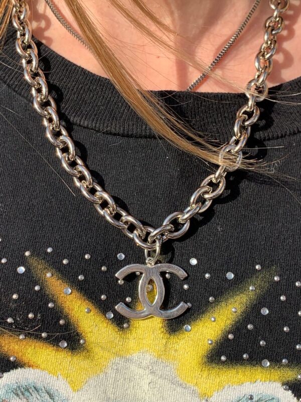 product details: CHANEL LOGO CHARM CHAINLINK NECKLACE WITH TOGGLE CLASP photo