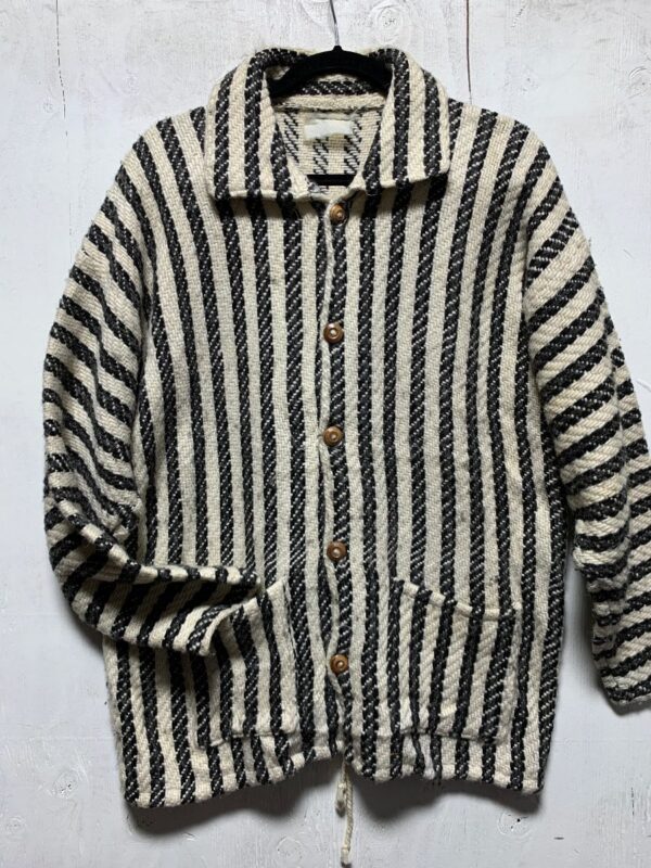 product details: HEAVY KNIT TEXTILE VERTICAL STRIPE WOOL CARDIGAN JACKET WITH BOTTOM TIE photo