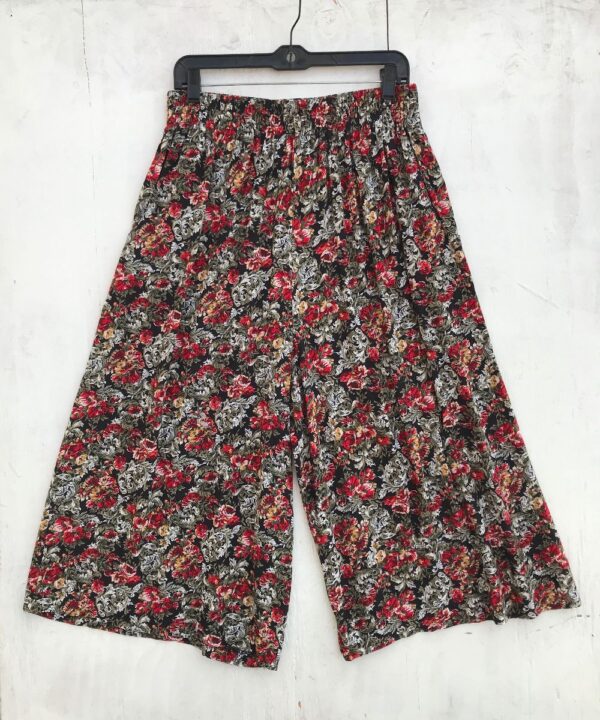 product details: ORNATE FLORAL PRINT CROPPED WIDE LEG RAYON CULOTTE PANTS ELASTIC WAIST photo