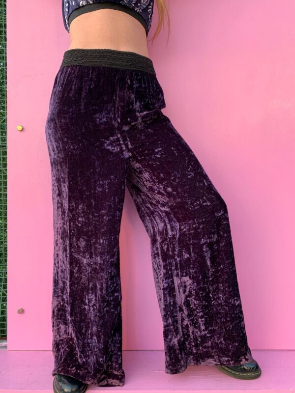product details: CRUSHED VELVET FLOWY WIDE LEG PANTS W/ EMBROIDERED ELASTIC WAIST photo