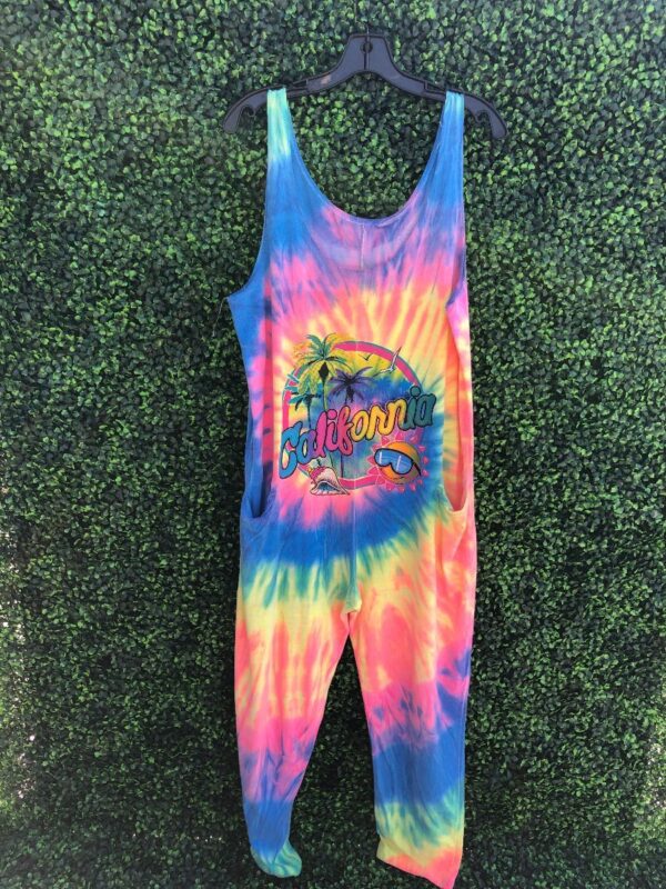 product details: ADORABLE 1980S TIE-DYE CALIFORNIA GRAPHIC COTTON JUMPSUIT WITH POCKETS photo