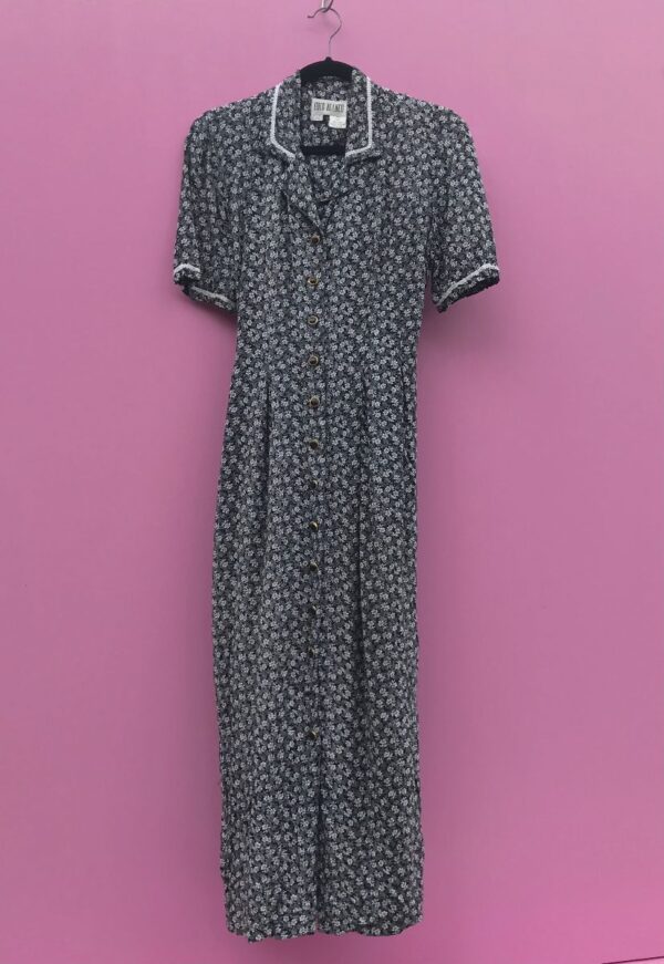 product details: 1990S SHORT SLEEVE DITSY FLORAL PRINT LONG FULL BUTTON DOWN DRESS photo