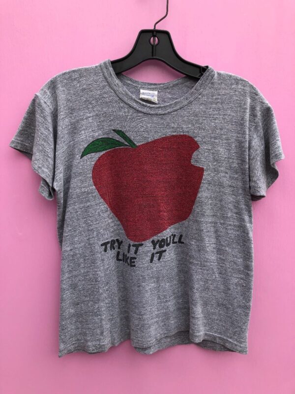 product details: SUPER RETRO TRY IT YOU\LL LIKE IT BITTEN APPLE GRAPHIC SOFT SMALL FIT T-SHIRT photo