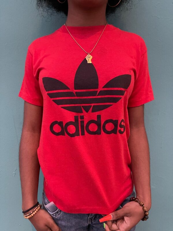 product details: AS IS - SMALL FIT CLASSIC ADIDAS LOGO DOUBLE SIDED GRAPHIC T-SHIRT photo