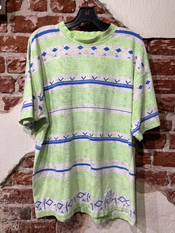 product details: AS IS - 1990S BRIGHT STRIPED DIAMOND PRINT MOCK NECK T-SHIRT photo