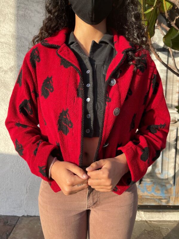 product details: 1990S ALL OVER HORSE PRINT COLLARED BUTTON UP FLEECE JACKET photo