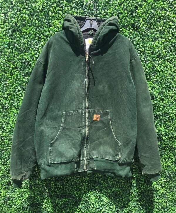 product details: THICK ZIP UP HOODED DENIM WORK JACKET WITH QUILTED LINING  AS-IS photo