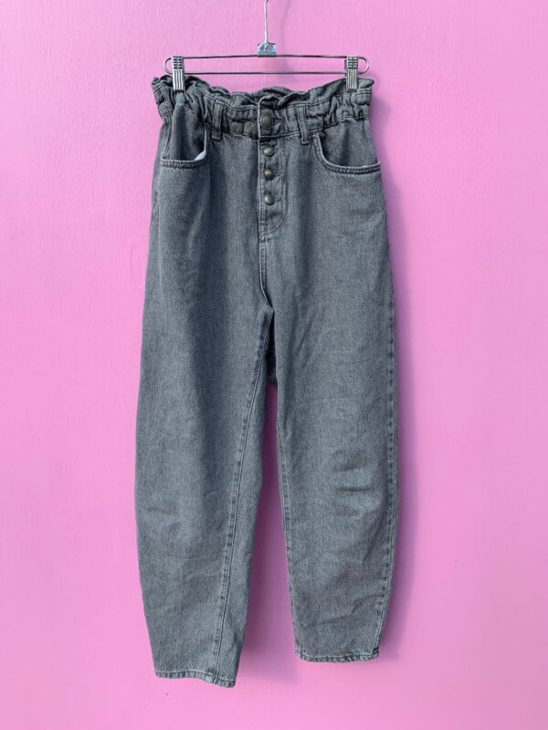 product details: CUTE SCRUNCH WAIST GREY DENIM JEANS TAPERED LEG BUTTON FLY photo