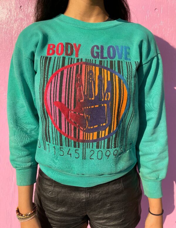 product details: AS IS - 1992 BODY GLOVE HAND BARCODE GRAPHIC CREW NECK SWEATSHIRT photo