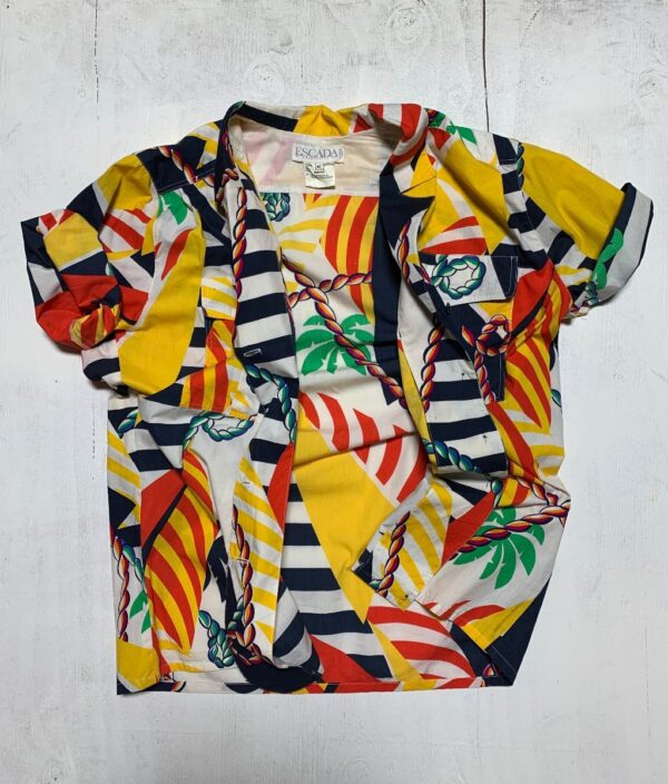 product details: 1980S-90S ALLOVER NAUTICAL PRINT SHORT-SLEEVE STRETCH COTTON BUTTON-UP SHIRT photo