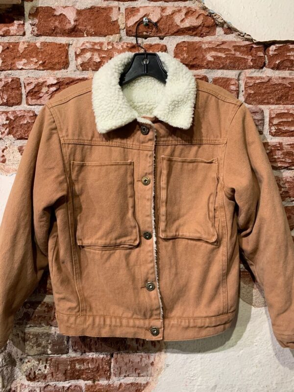product details: SOLID DENIM SHERPA LINED BUTTON UP TWILL JACKET W/ LARGE FRONT POCKETS photo