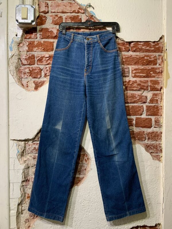 product details: 1970S LONG CUT WIDE LEG CONTRAST STITCH JEANS W/ EMBROIDERED BACK POCKETS photo
