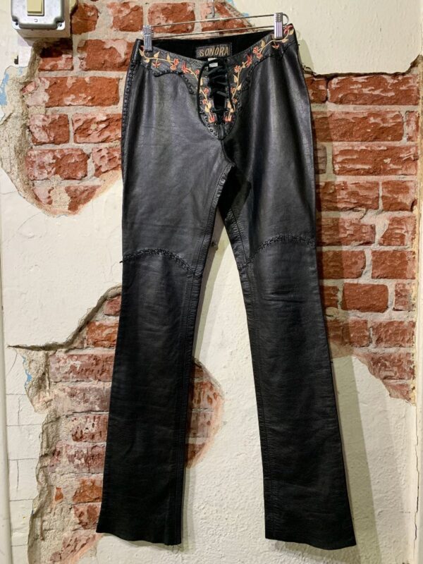 product details: GORGEOUS WHIPPED STITCHED LEATHER FLORAL EMBROIDERED PANTS LACE UP FRONT photo