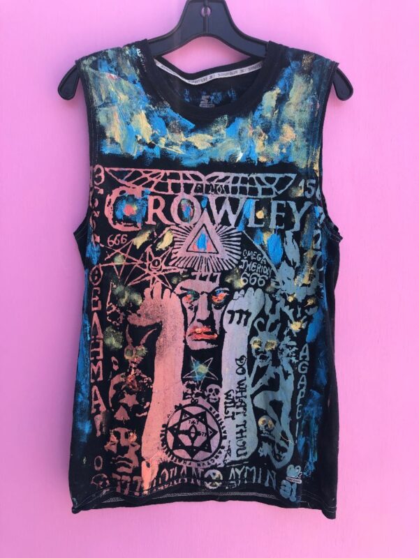 product details: ALISTER CROWLEY CUSTOM MIXED HAND AND SCREENPRINTED SLEEVELESS T-SHIRT photo