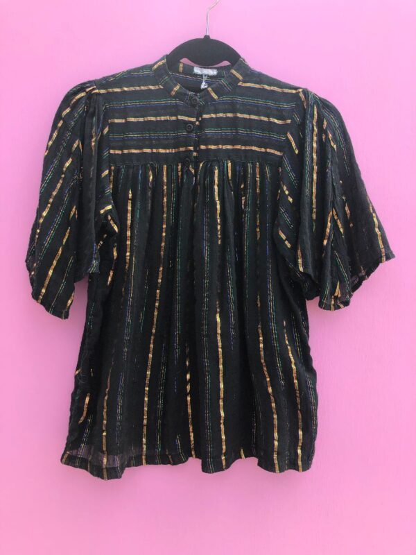 product details: VINTAGE SHORT SLEEVE INDIA COTTON BLOUSE BILLOWING SLEEVES MOCK COLLAR METALLIC MULTICOLORED THREADING photo
