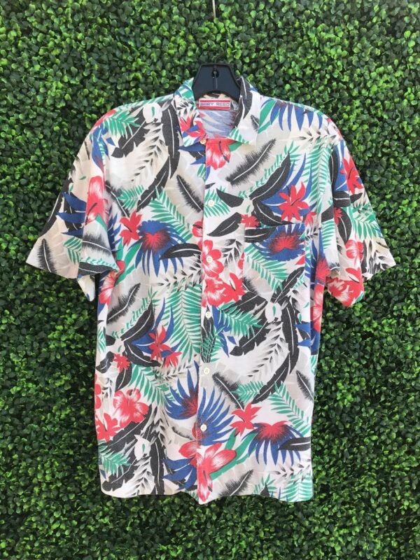 product details: SOFT COTTON FADED FERNS AND HIBISCUS FLOWER SMALL FIT HAWAIIAN SHIRT WITH FRONT POCKET photo