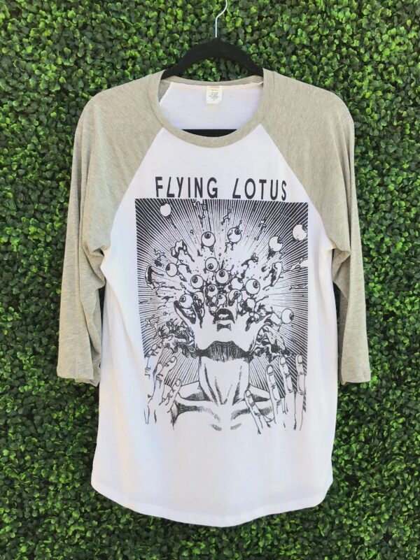 product details: FLYING LOTUS JUNE 17 HOLLYWOOD BOWL CA YOURE DEAD LARGE GRAPHIC RINGER THREE QUARTER SLEEVE SHIRT photo