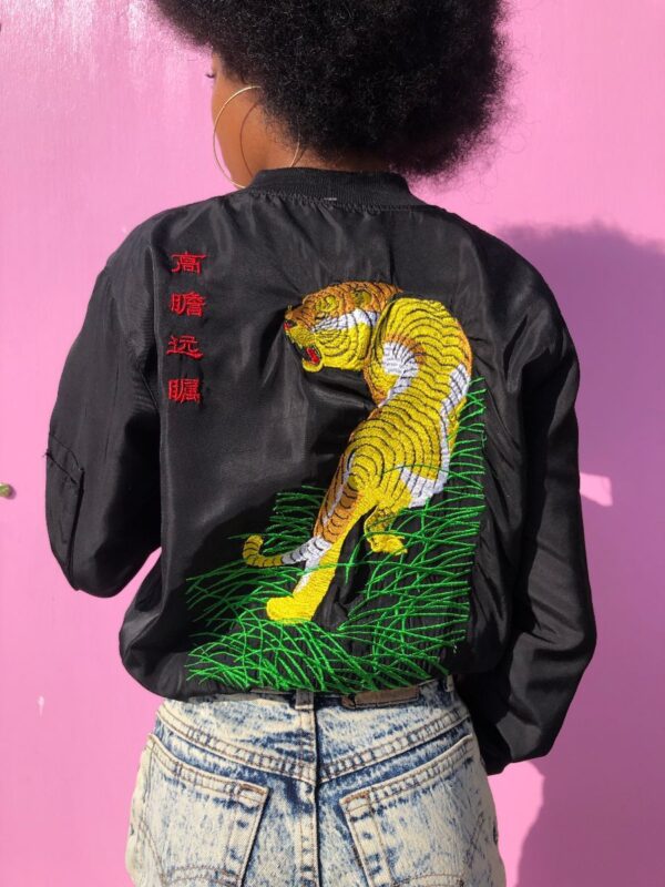 product details: THIN BOMBER STYLE ZIPUP JACKET W EMBROIDERED TIGER BACK GRAPHIC photo