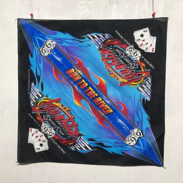 product details: 1999 LAUGHLIN RIVER RUN BANDANA WITH CHROME WINGS, FLAMES, DICE, AND ACE PLAYING CARDS photo
