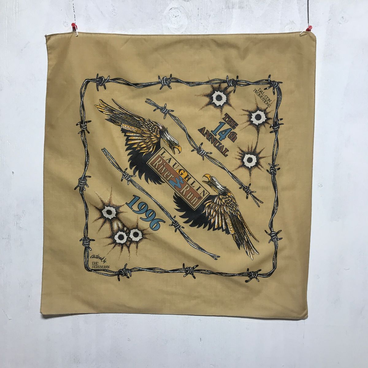 DEADSTOCK 1996 LAUGHLIN RIVER RUN BANDANA WITH BULLET HOLES, EAGLES, AND  BARBED WIRE