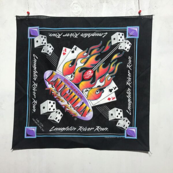 product details: DEADSTOCK 1998 LAUGHLIN RIVER RUN BANDANA WITH FLAMING POKER CARDS AND DICE GRAPHIC photo