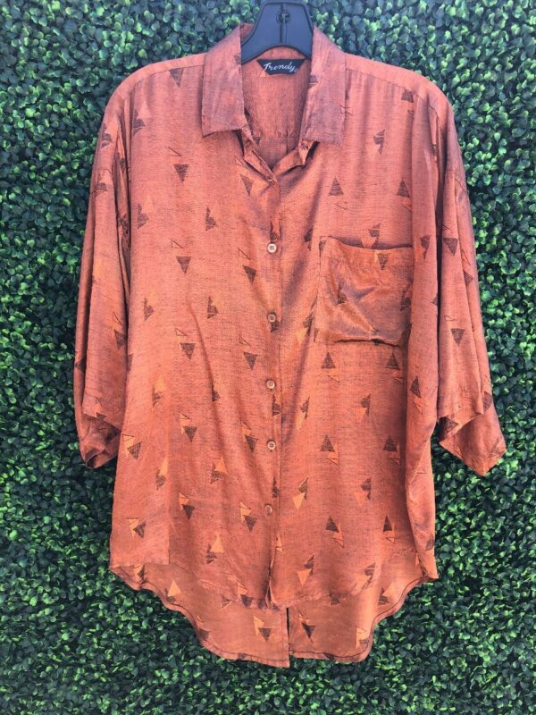 product details: REFLECTIVE COPPER RAW SILK RAYON BLEND BUTTON UP SHIRT WITH FRONT POCKET ALLOVER TRIANGLE GRAPHIC photo