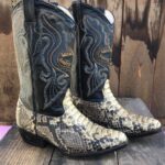 AS-IS AMAZING GENUINE SNAKE SKIN COWBOY BOOTS WITH ORNATE LEATHER EMBROIDERED STITCHING AND CENTER MISION DE SANTO TOMAS EMBROIDERED LOGO