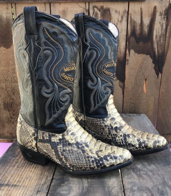 product details: AS-IS AMAZING GENUINE SNAKE SKIN COWBOY BOOTS WITH ORNATE LEATHER EMBROIDERED STITCHING AND CENTER MISION DE SANTO TOMAS EMBROIDERED LOGO photo