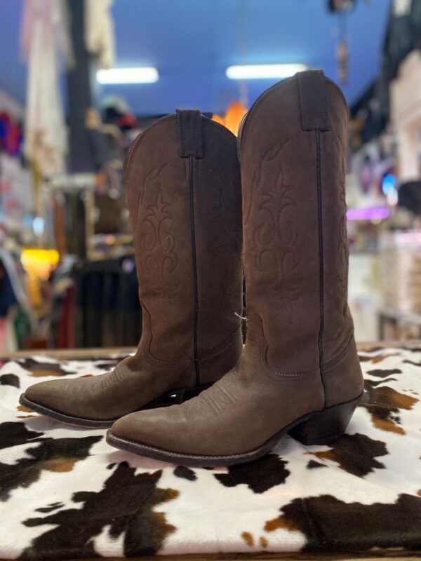 product details: SUPER SOFT BRUSHED LEATHER TALL POINTY TOE COWBOY BOOTS WITH EMBROIDERED SIDE DESIGN MADE IN USA photo