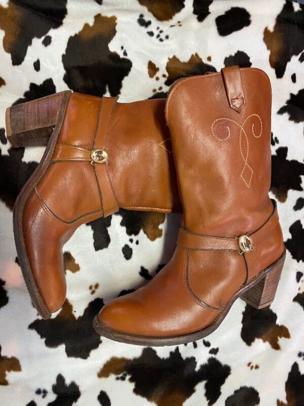 product details: AS-IS AMAZING LEATHER COWBOY STACKED HEEL BOOTS WITH HORSE STRAP BUCKLE AND SIDE EMBROIDERY photo