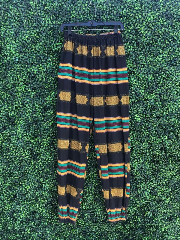product details: AFRICAN PATTERN KENTE HORIZONTAL STRIPE COTTON PANTS WITH ELASTIC WAIST AND BACK POCKET MADE IN USA photo