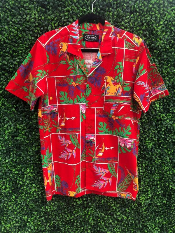 product details: TROPICAL PARROTS & LEAVES ABSTRACT GRID HAWAIIAN SHIRT photo