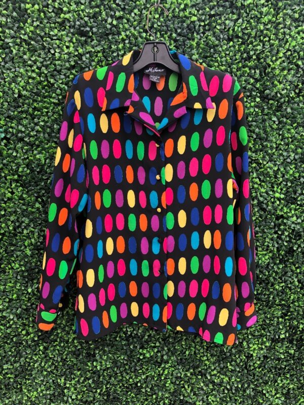 product details: 1980S MULTI-COLORED POLKA DOT LONG-SLEEVE BLOUSE WITH SHOULDER PADS photo