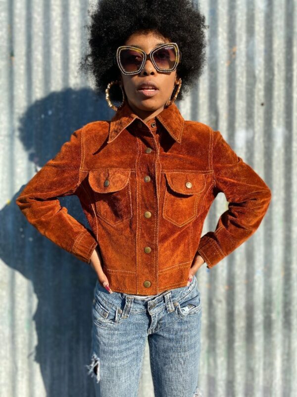 product details: RETRO CROPPED LEATHER AND SUEDE REVERSIBLE JACKET CONTRAST STITCH photo