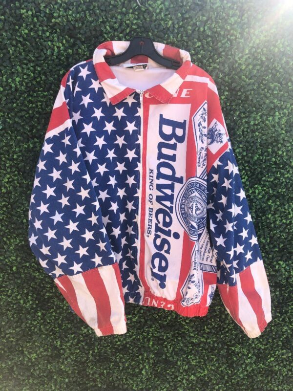 product details: BUDWEISER KING OF BEERS ALL OVER AMERICAN FLAG PRINT ZIP-UP COLLARED 100% COTTON JACKET photo